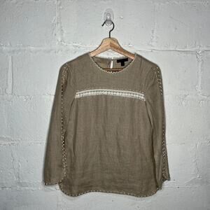 J. Crew Women's Fringe Embroidered Linen Keyhole‎ Crewneck Tan White Top Size 00